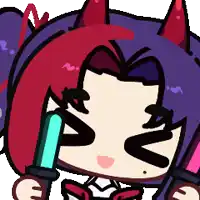 a cartoon drawing of a girl with red and purple hair holding a sword