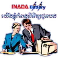 an ad for inada battery shows a man and a woman looking at a computer