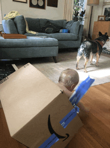 a baby in a cardboard box with the letter a on it