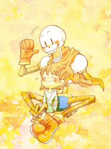 a drawing of a skeleton giving a girl a piggyback ride with the watermark @ kame_okashi