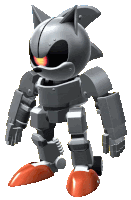 a gray robot with orange feet and a red light on its head