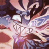 a close up of a cartoon character 's face with a big smile and teeth .