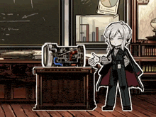 a cartoon character is standing in front of a desk with a mechanical device on it .