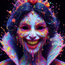 a colorful painting of a woman with the words welcome to world on the bottom