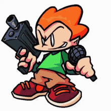 a cartoon character is holding a gun and a microphone in his hands .