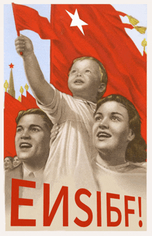 a poster shows a man and woman holding a child and the words " evsibf " in red