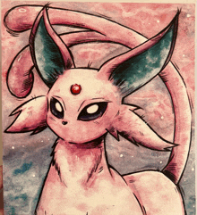 a drawing of a pink eevee with a red spot on its forehead