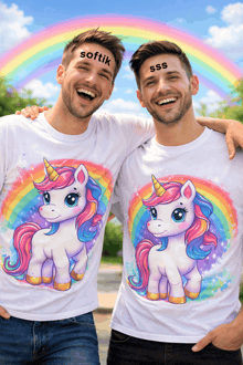 two men wearing unicorn t-shirts with softik and sss written on their foreheads