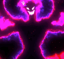 a demon with a glowing face is surrounded by pink and blue flames