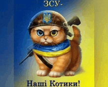 a cat wearing a helmet and holding a gun on a yellow and blue background .