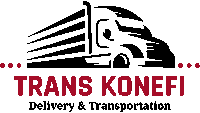 a red and black logo for trans konefi delivery & transportation