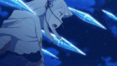 a girl in a white cape is surrounded by blue ice spears