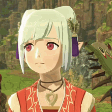 a girl with white hair and red eyes is wearing a heart shaped necklace