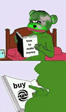 a frog reading a book titled how to make money