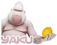 a cartoon character holding a lemon with the word yaku written below it