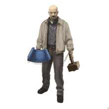 a man in a jacket holding a hammer and a bucket