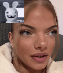 a close up of a woman 's face next to a picture of a white rabbit