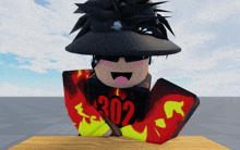 a cartoon character wearing a black hat and a red shirt with the number 302 on it