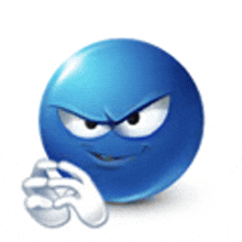 a blue smiley face with an angry look on its face is pointing at something .