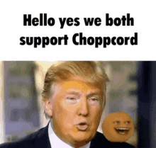 a picture of donald trump with an orange face and the words " hello yes we both support chopcord "