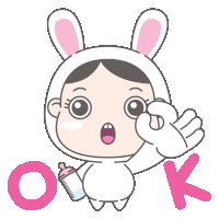 a cartoon girl in a bunny costume is holding a bottle and giving an ok sign