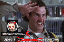 a man is making a funny face in front of a sign that says " officialinvictus special operations reporting "