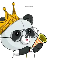 a panda bear wearing a crown and sunglasses holds a party horn with the words congratulations below it
