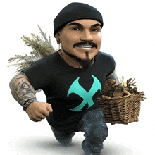 a man in a black shirt with an x on it is running with a basket