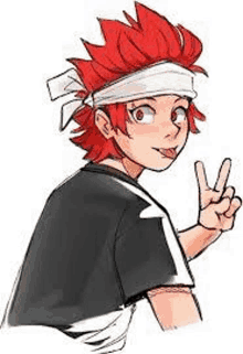 a drawing of a person with red hair and a headband giving a peace sign .