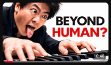 a man is sticking his tongue out while playing a keyboard with the words " beyond human " written above him