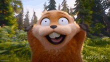 a cartoon beaver from the movie hoppers is smiling