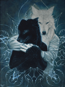 a painting of a man hugging a black and white wolf with the letters mw on the bottom