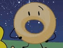 a cartoon donut with a face and arms and legs is standing in a field .