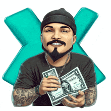 a cartoon of a man holding a dollar bill