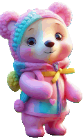 a pink teddy bear wearing a hat and scarf is holding a yellow bow