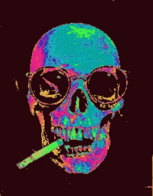 a pixel art of a skull with sunglasses and a cigarette in its mouth