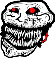 a black and white drawing of a troll face with red eyes and teeth