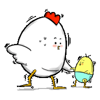 a cartoon of a chicken and a chick holding hands