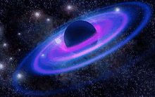 a black hole with a purple ring around it in space