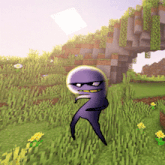 a purple cartoon character is standing in a field of grass