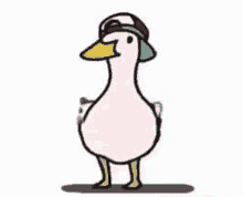 a duck wearing a hat and goggles is standing on its hind legs .