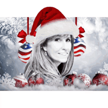 a woman wearing a santa hat is surrounded by red and white christmas ornaments