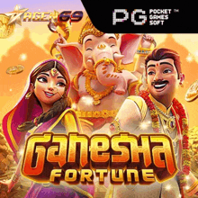 a poster for a game called ganesha fortune with cartoon characters on it