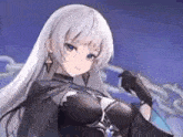 a girl with long white hair and blue eyes is holding a sword in her hand .