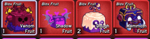 four different blox fruits are shown in a row