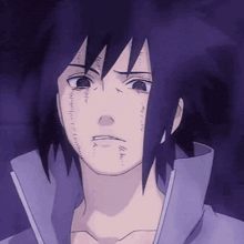 a close up of a cartoon character with a purple background