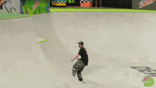 a man riding a skateboard on a ramp with a dew tour logo on the bottom