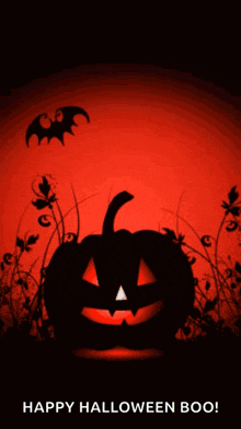 a halloween greeting card with a pumpkin and bats