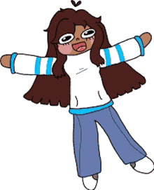 a cartoon drawing of a girl with her arms outstretched and a heart on her head