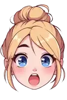 a cartoon drawing of a blonde girl with blue eyes and a bun